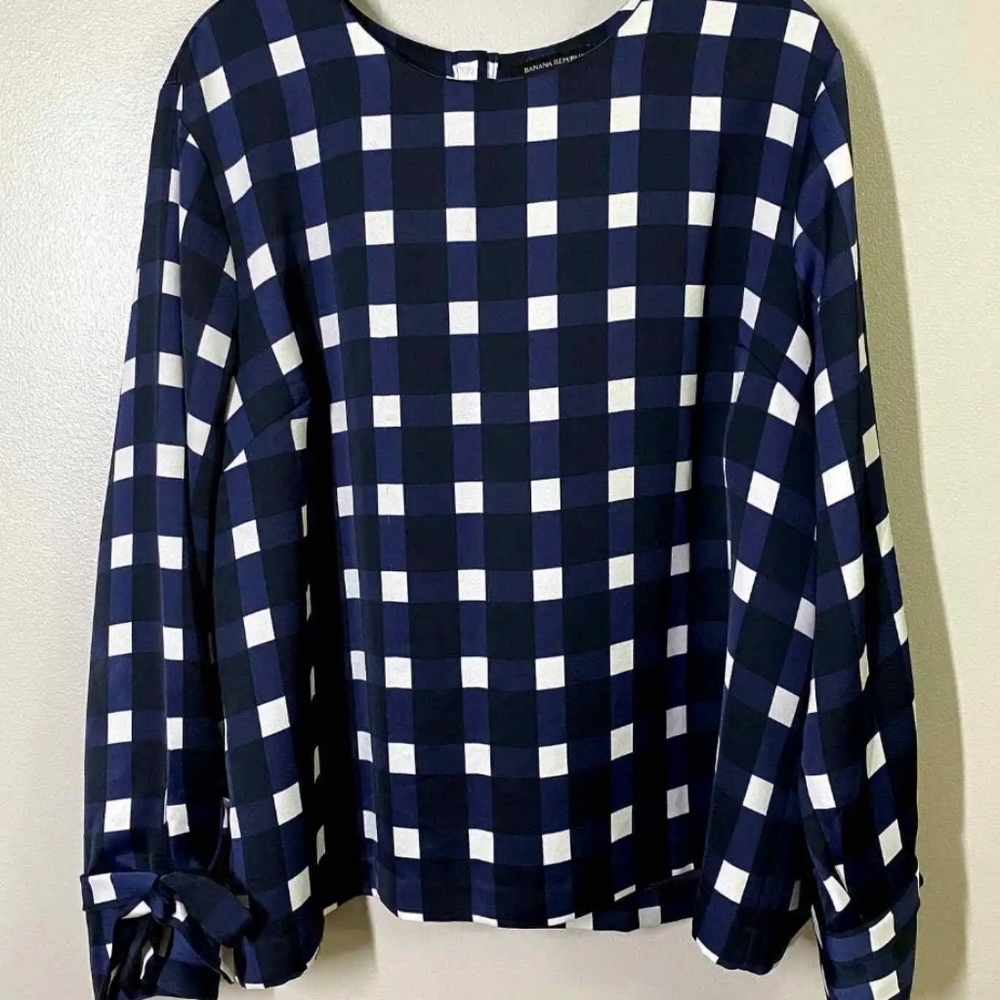 Banana Republic Navy Windowpane Grid Print Tie Sleeve Career Blouse Size XXL